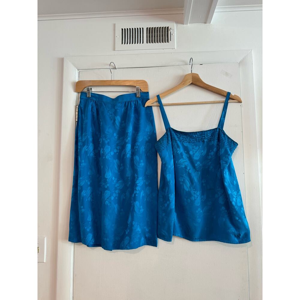 d'ore tank and pencil skirt set vintage bright blue 100% silk 1980s beading 10